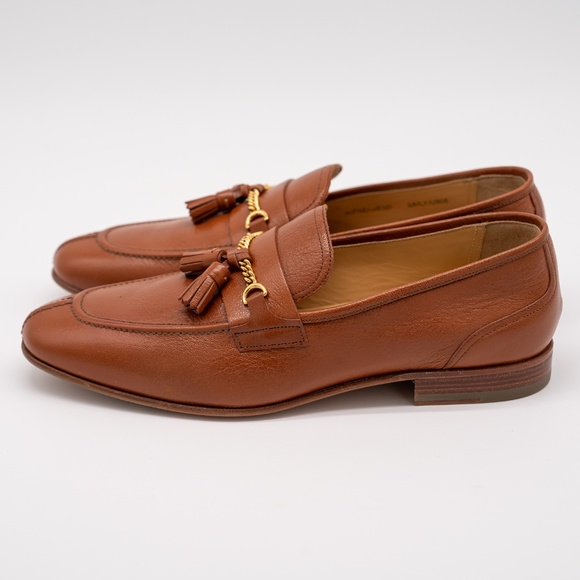 size 8.5 Bally Tan Saily Cuero Goat Grained Leather Gold Chain Tassel Loafers main image 9